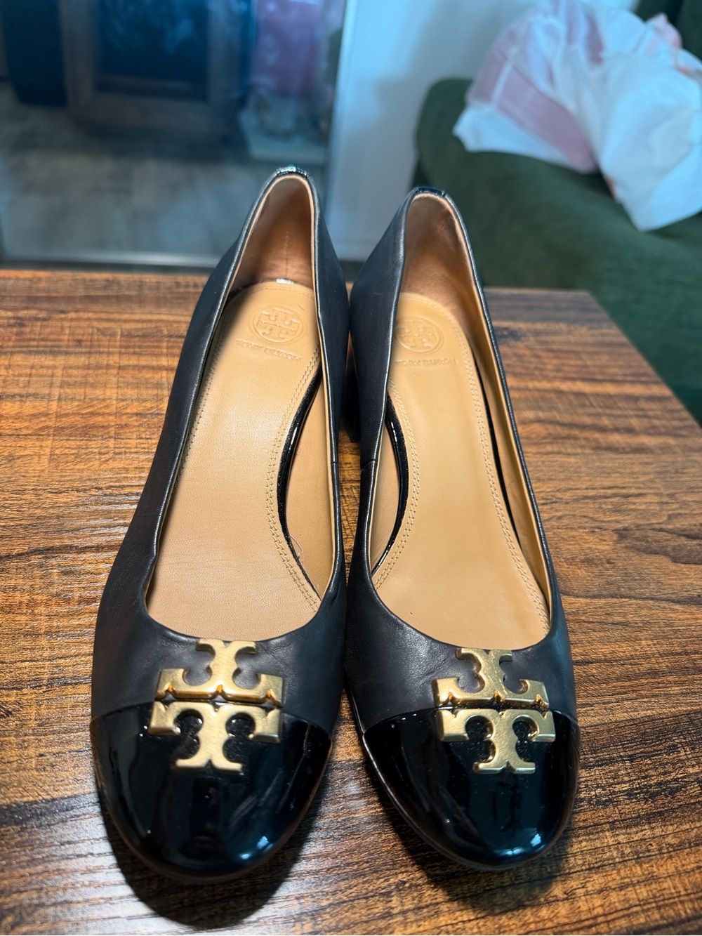 Tory Burch Black Leather Flats with Gold Logo Cap